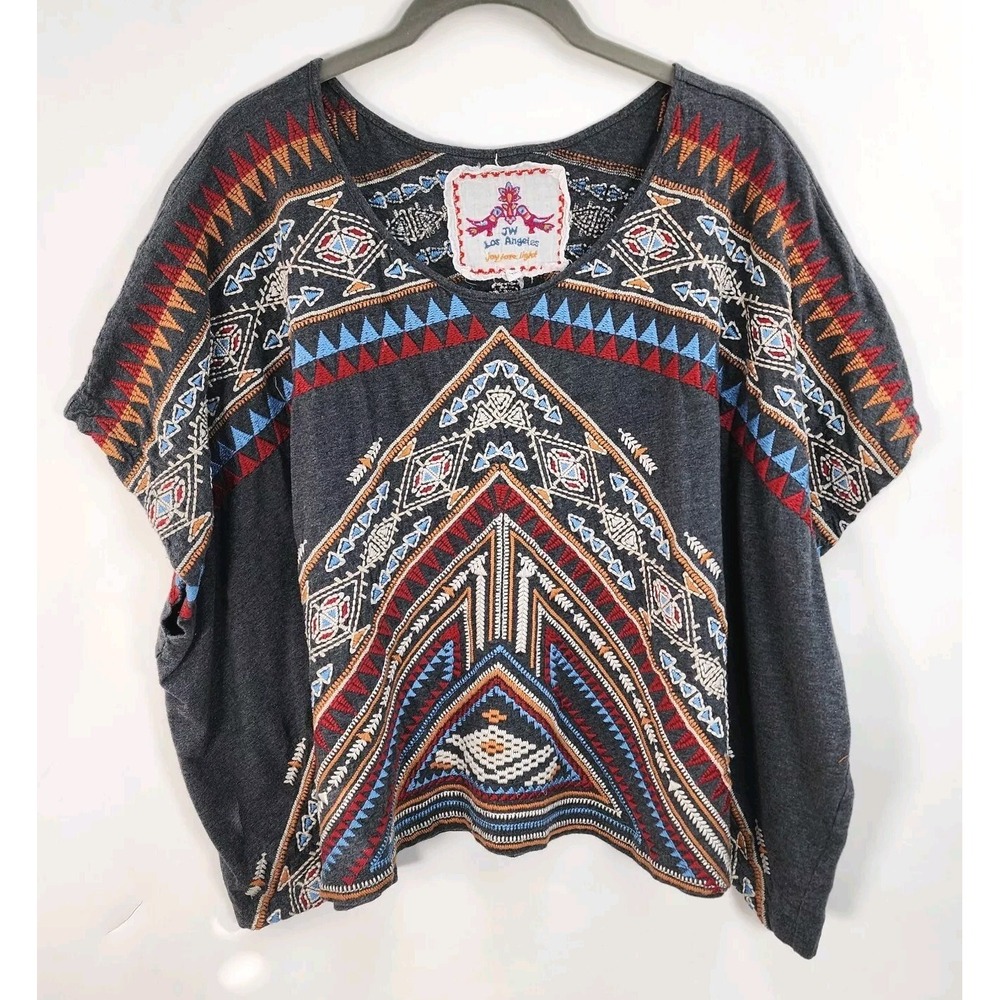 Johnny Was Top Womens XS Gray Embroidered Boho Aztec Tunic